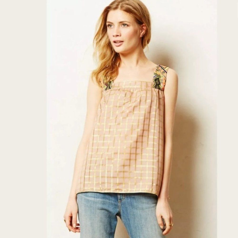 Anthropologie Blush Pink Grid Tank with Embroidered Straps